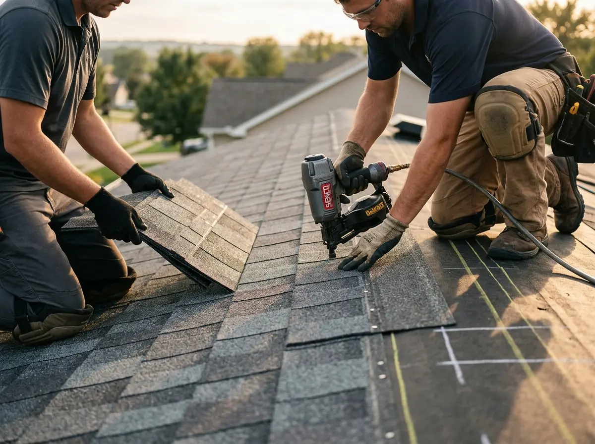 Professional roofer working on a residential roof in Upper Grand Lagoon